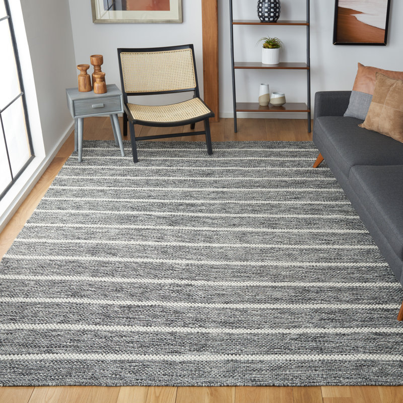 Tapis rayé ivoire / noir en laine / coton touffeté à la main Kenra, Rectangle 8 pi x 10 pi