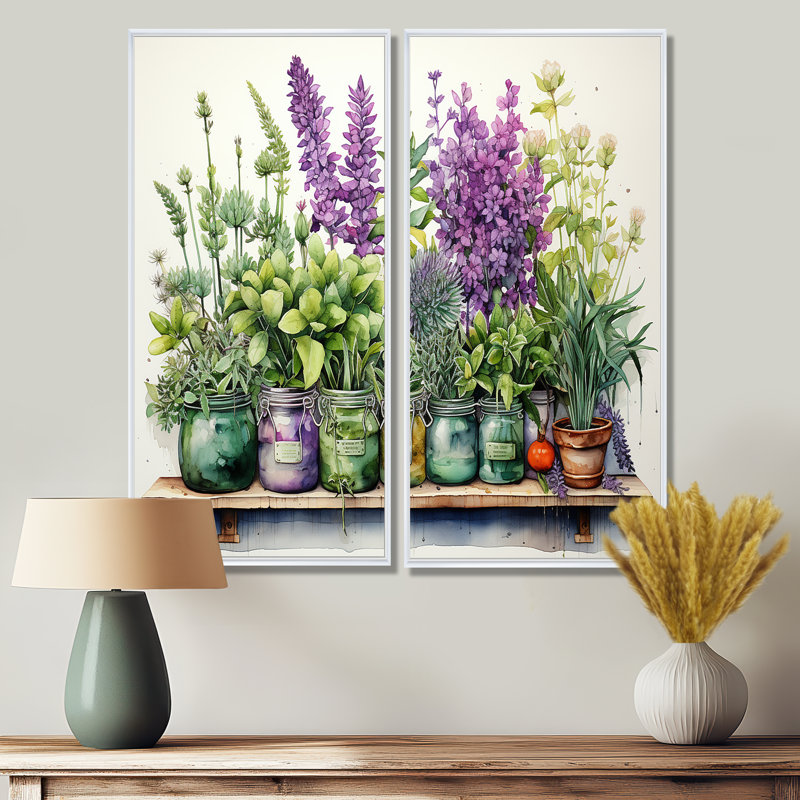 Mauve, vert, herbes, herbes, havre de paix - ensemble de 2 impressions sur toile, H 20 po x l 24 po, Blanc
