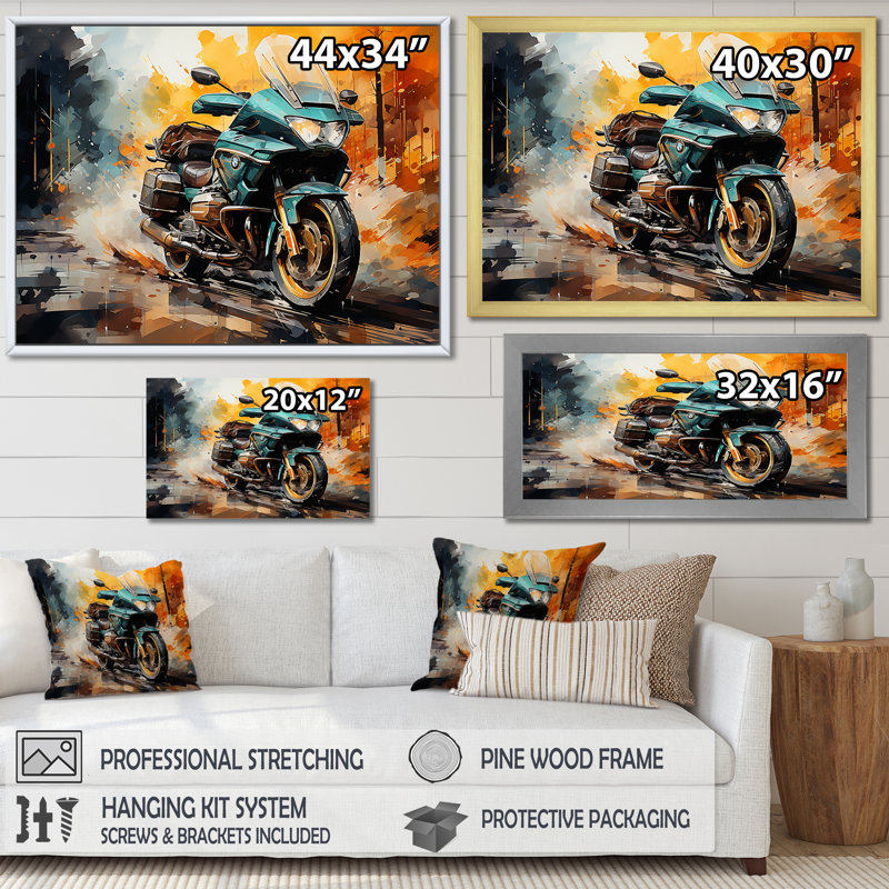 «Watercolor Motclecle Path», art mural sur toile, H 34 po x l 44 po x P 1,5 po, Cadre simple noir