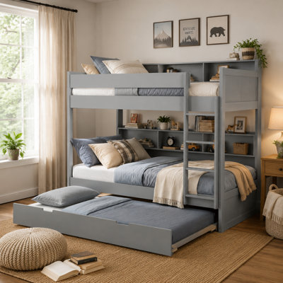 Lit superposé avec lit gigogne escamotable et tablettes de rangement intégrées