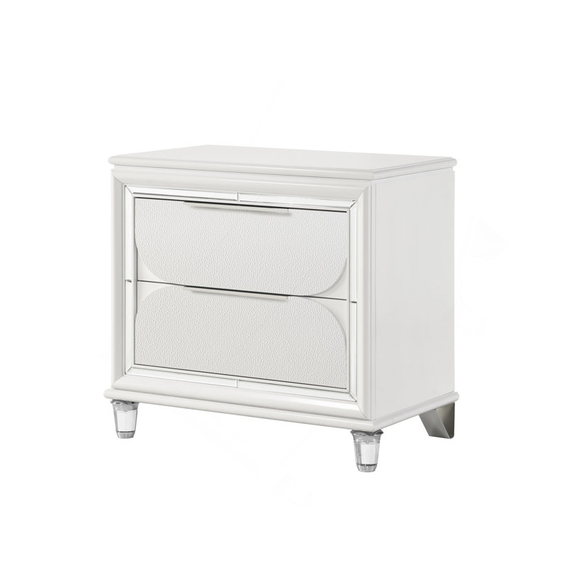 Table de chevet 2 tiroirs blanc perle avec pieds en cristal acrylique