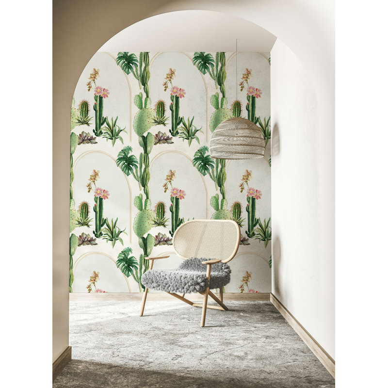 Papier peint arche cactus et orchidée | Oasis botanique luxuriante | Rouleau pelez et collez