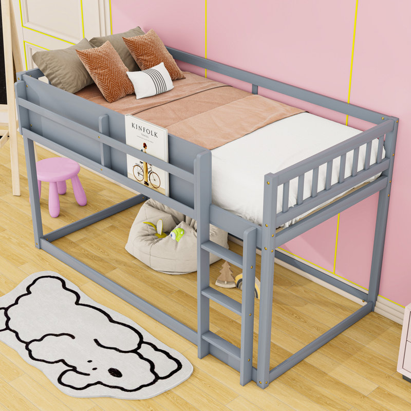 Wood Twin Over Twin Low Bunk Bed With Ladder, Shelves And Guardrails, Gray
