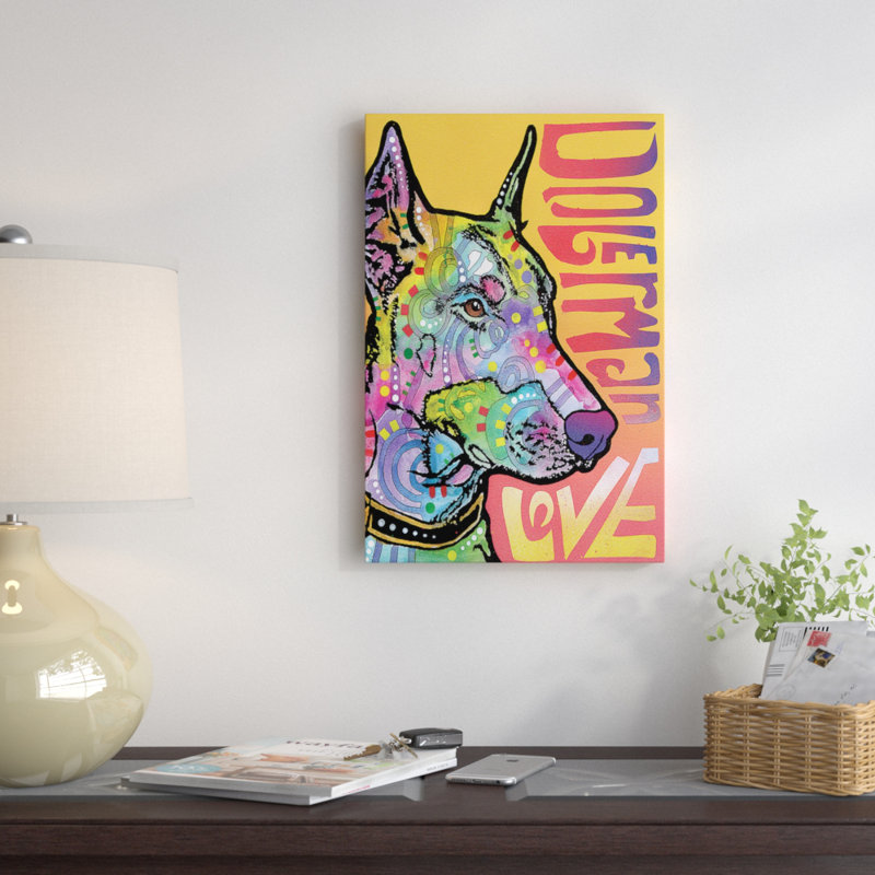 « doberman love », impression sur toile tendue, H 26 po x l 18 po x P 1,5 po, Toile tendue