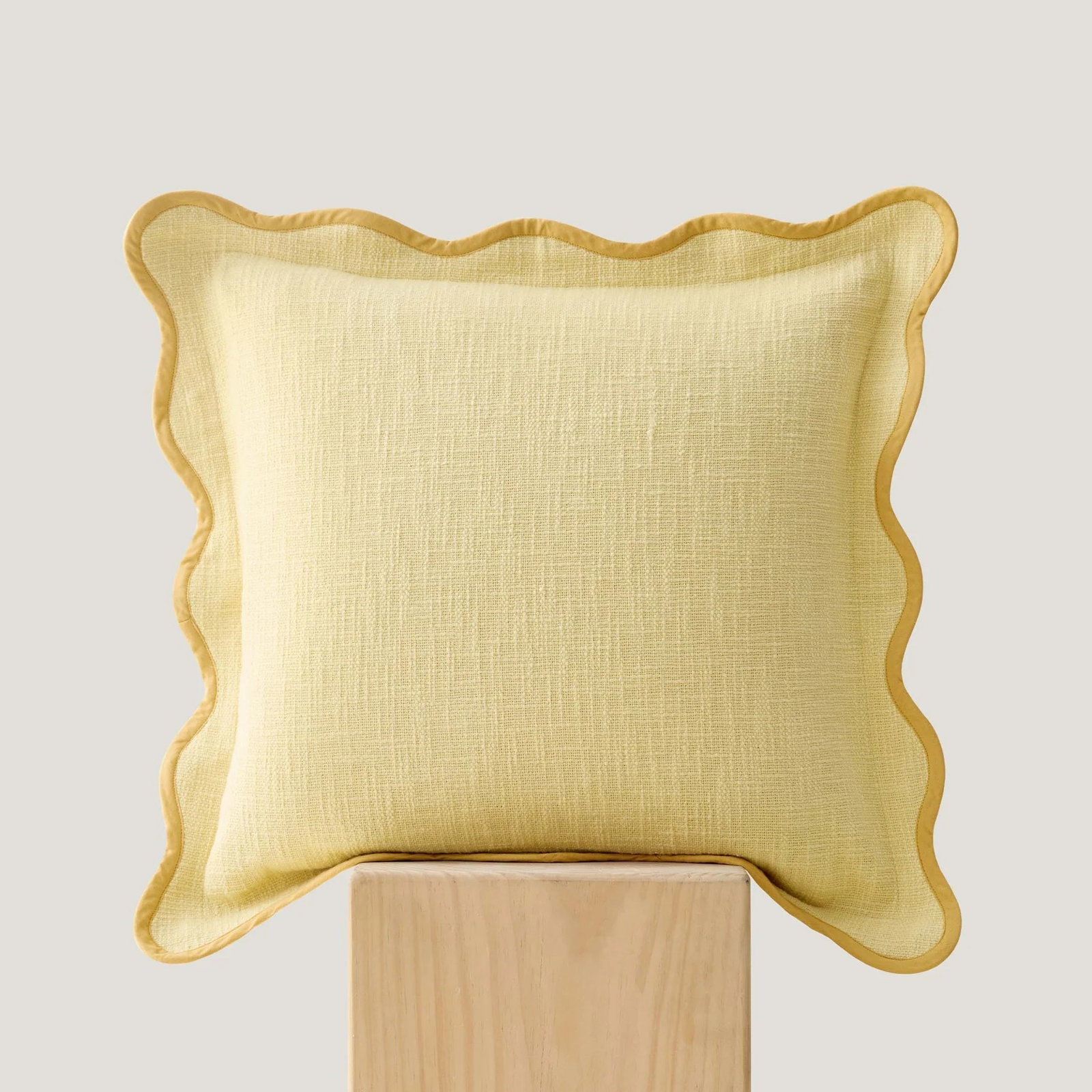 Double Stitch Scalloped Cotton Throw Pillow , Lemon Yellow