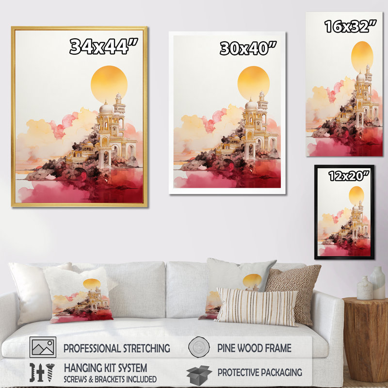 Ancienne ville antique de rêves, rose et or I, impression sur toile, H 40 po x l 30 po x P 1,5 po, Cadre simple blanc