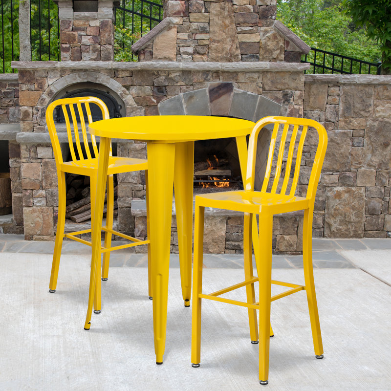 Drumfane 30'' Round Metal Indoor-Outdoor Bar Table Set with 2 Vertical Slat Back Stools, Yellow, 30'' x 30'' x 41''