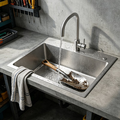 Évier utilitaire en acier inoxydable brossé de 61 cm (24 po), évier à cuve unique encastrable avec robinet haut en acier inoxydable, tuyaux d'alimentation et bonde, épaisseur de 12 gauge, idéal pour la buanderie, le garage ou l'atelier.