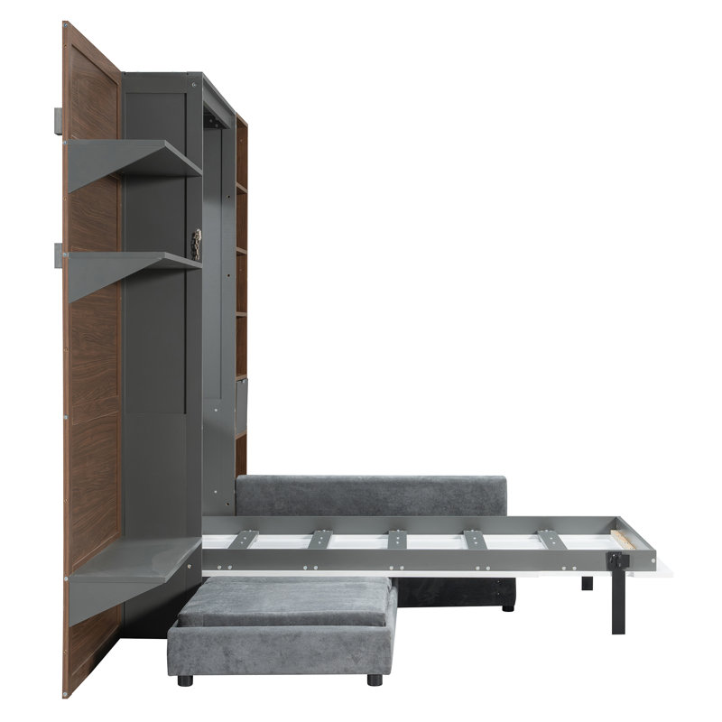 Lit escamotable mural simple Alpine avec armoire de rangement intégrée et façade de canapé, Gris