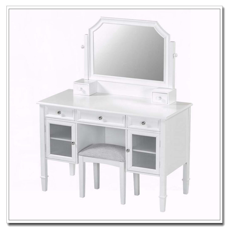 44.4" Makeup Vanity Desk with Large Adjustable Mirror, Drawers, Cabinet and Stool