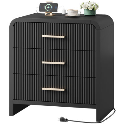 Fluted Nightstand With Charging Station, 25" H Modern Wood 3-drawer  Bedside Table with Type-C USB Port For Bedroom, Living Room, Curved Profile Design, Black