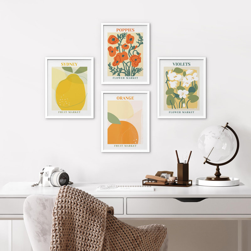 " Sydney Orange Flower Poppies " 4 - Pieces, 14" H x 11" W, White