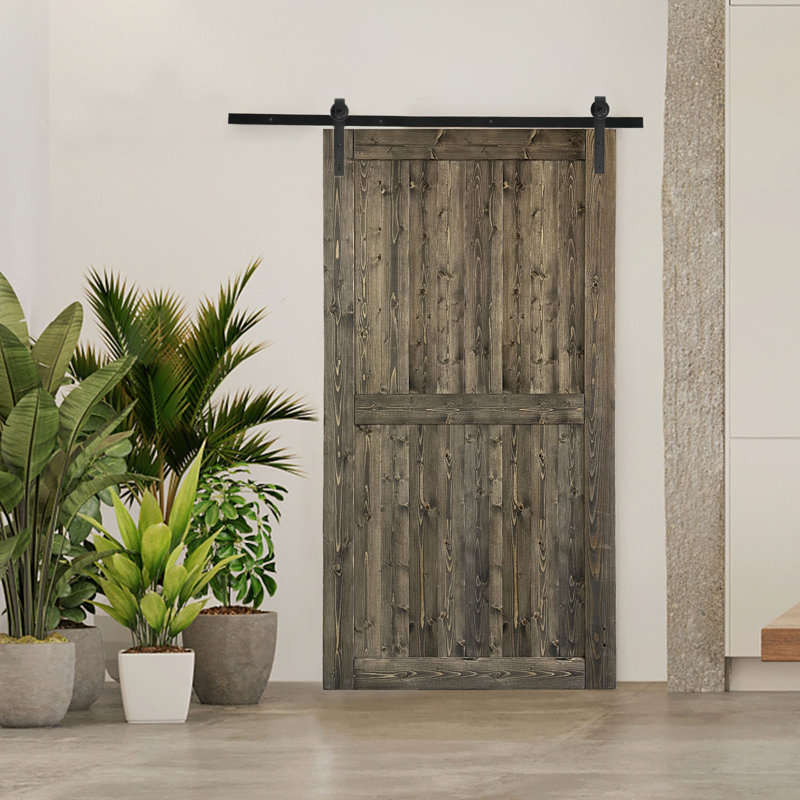 Porte de grange en bois massif brun avec trousse de quincaillerie d'installation, 42 po x 84 po