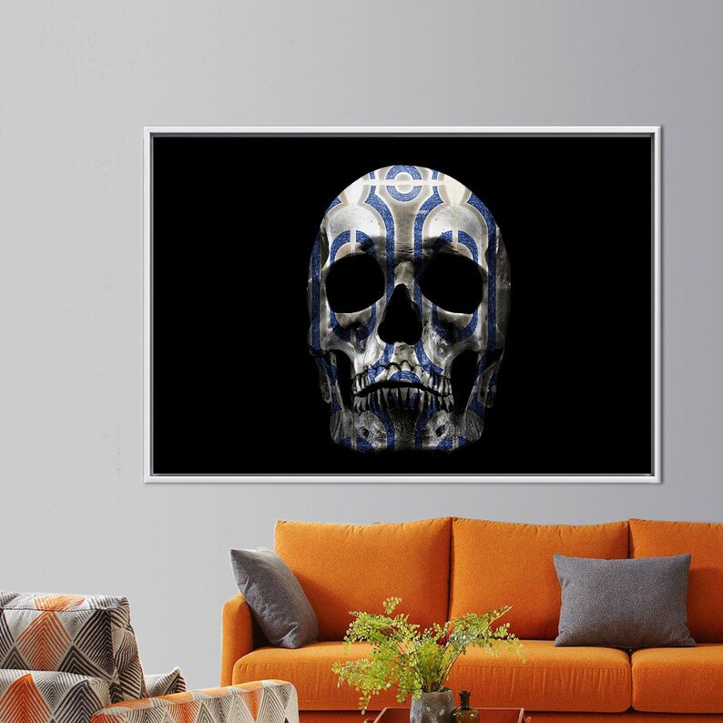 Décoration murale abstraite crâne en toile abstraite décorative, H 22 po x l 30 po, Cadre flottant blanc