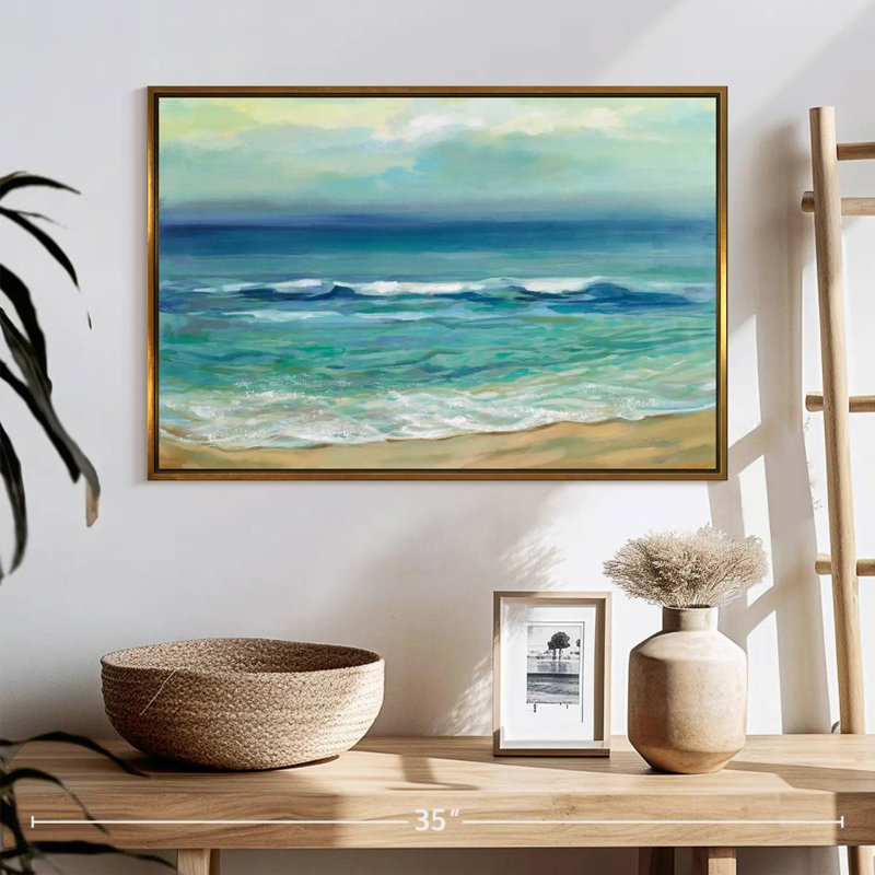 Lever de soleil au bord de la mer serein, 25 po x 17 po, Cadre flottant doré
