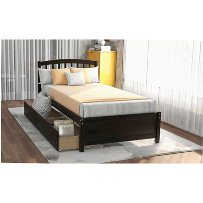 Twin Platform Storage Bed Wood Bed Frame with Two Drawers and Headboard, Espresso