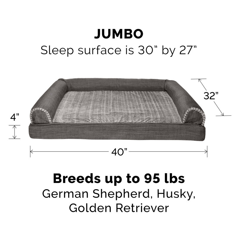 Luxe Fur & Performance Linen Sofa Bed, Charcoal, Jumbo (40" W x 32" D x 4" H), Orthopedic Foam
