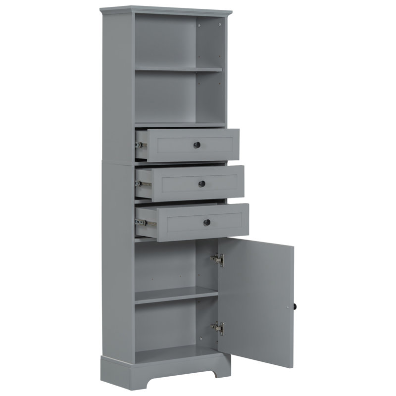 Gray Tall Storage Cabinet With 3 Drawers And Adjustable Shelves For Bathroom, Gray