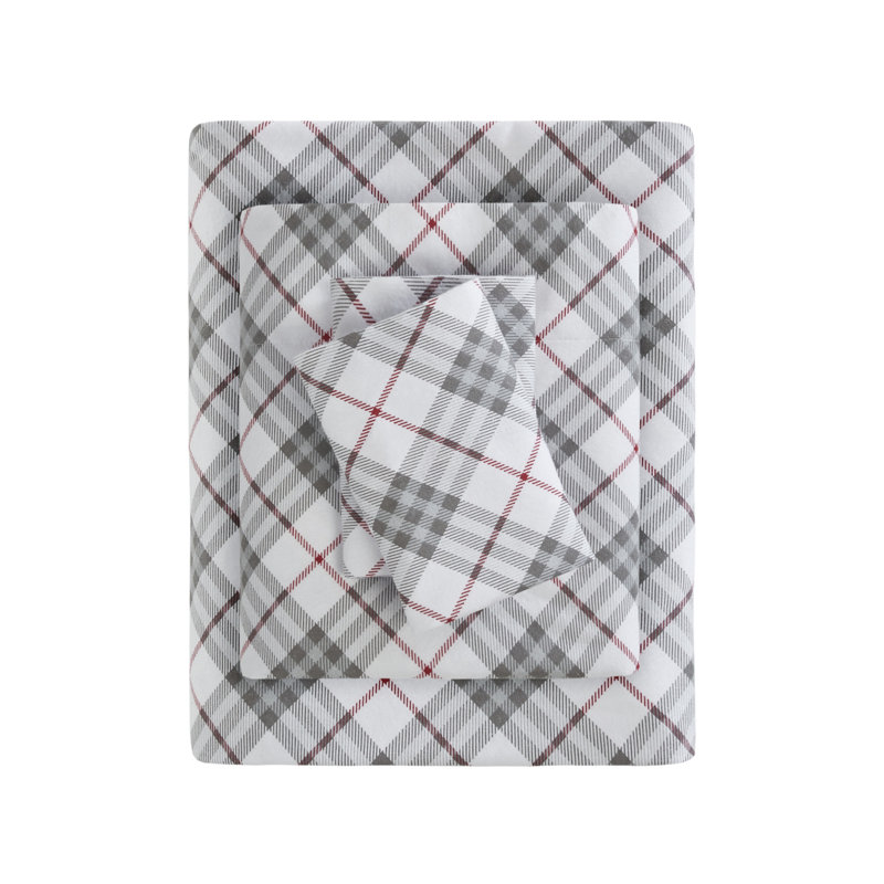 Cozy Flannel 100% Cotton Sheet Set, King Sheet Set with 2 Pillowcases, Red Plaid