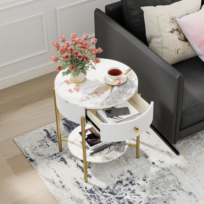 Woodville Side Table with Storage, Gold, Calacatta Gold