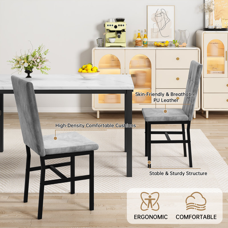 Modern Faux Marble Dining Table Set with Gray Velvet Chairs