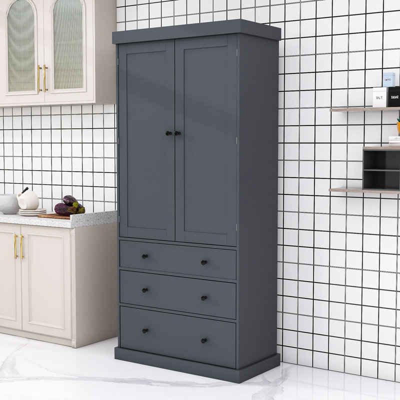 Garde-manger Farmhouse, armoire de rangement haute avec 3 tiroirs et tablettes réglables, Gris