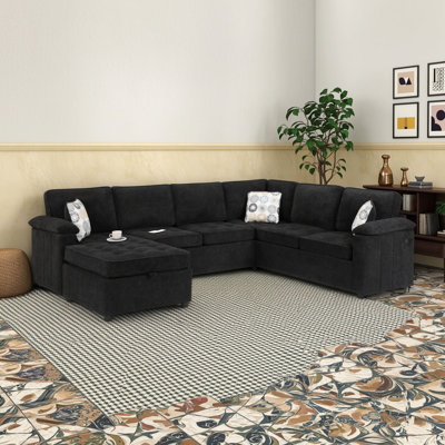 Canapé d'angle 5 places en forme de U avec méridienne de rangement dissimulée, ports de chargement USB et coussins décoratifs