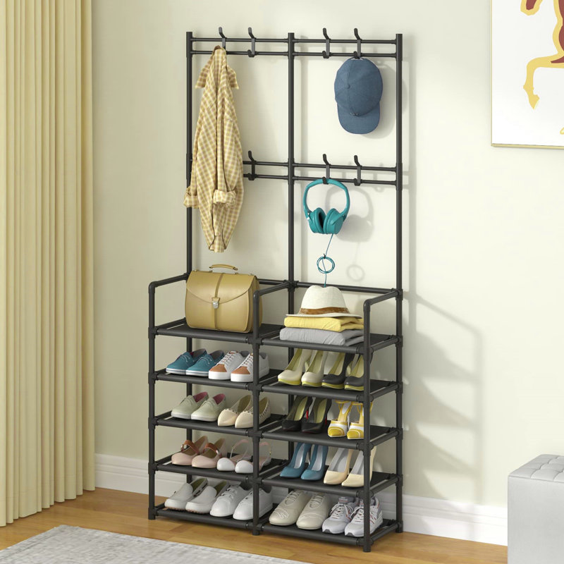 5 - Tier Entryway Coat and Shoe Rack Bench with 8 Hooks, Black