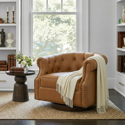 360° Swivel PU Leather Accent Chair with Tufted Chesterfield Design, Curved Barrel Back & Bent Wood Base for Living Room and Bedroom