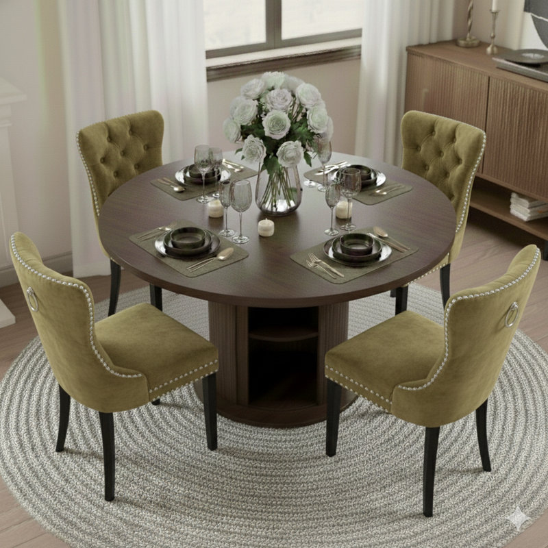 5 Pieces Round Dining Table Sets For 4-6 People, Olive Green/Black
