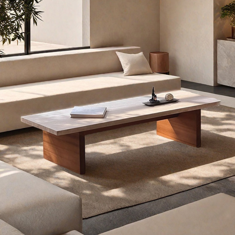 Wabi-sabi style natural travertine coffee table, 13.77" H x 47.24" L x 19.68" W