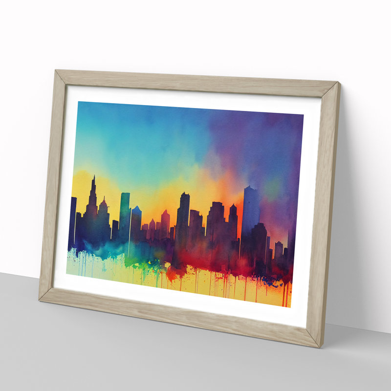 Watercolour City Skyline Vol.7 Abstract - Single Picture Frame Print, 34cm H x 46cm W x 2cm D, Oak Framed