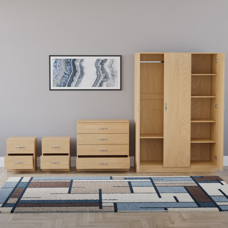 Tayce 4 Piece Bedroom Set (2 Drawer Bedside Chest X2, 4 Drawer Chest, 3 Door Wardrobe), Tan