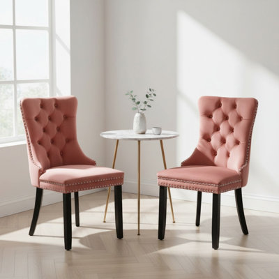 Velvet Upholstered Tufted Dining Chairs with Solid Wood Legs, Parson Chair with Nailhead Trim, Set of 2