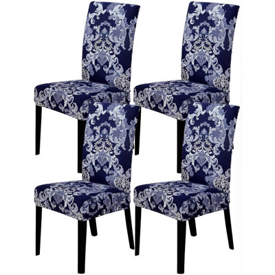 Dining Room Chair Covers, Stretch Parsons Chair Slipcovers, Removable Washable Spandex Printed Chair Seat Protector Cover, Set Of 4, (Blue)