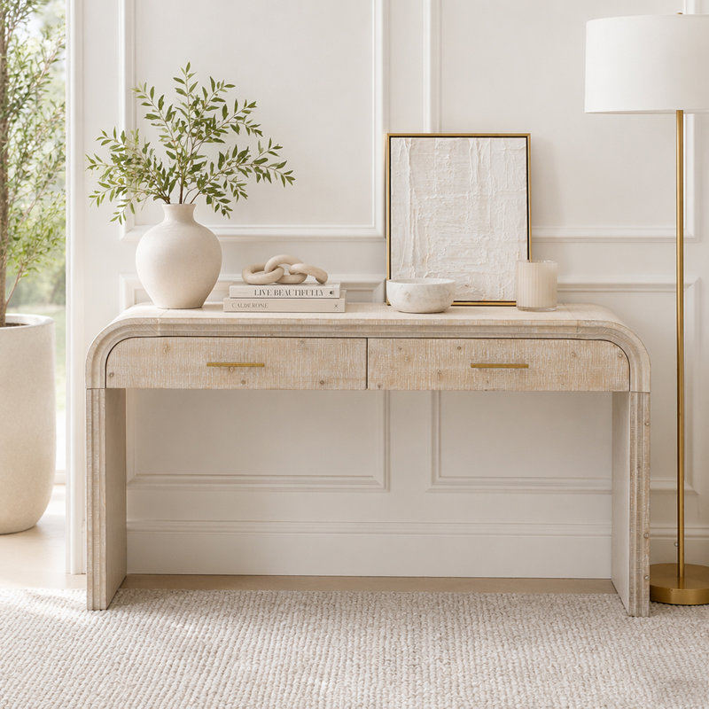 Console à silhouette rétro unique avec deux tiroirs supérieurs, Natural Wood Wash