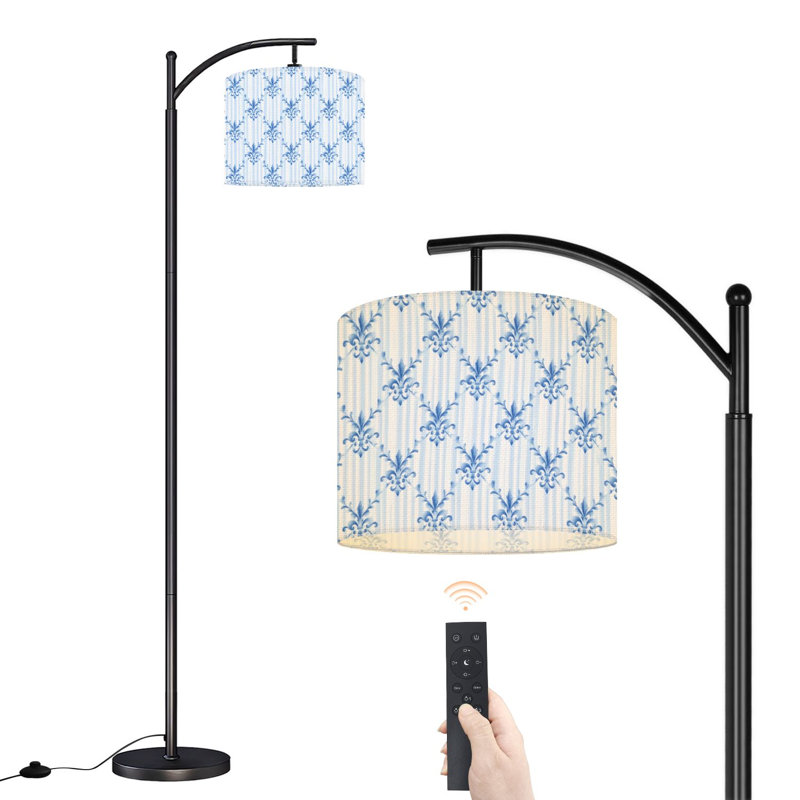  Lampe sur pied Arc en forme de damas floral bleu avec abat-jour réglable en lin 3 températures