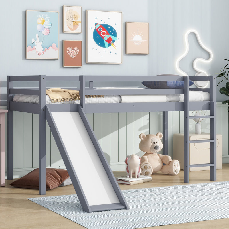 Twin Low Loft Bed with Slide & Ladder, Safety Guardrails, Rubber Wood - Space-Saving Kids Bed, Durable and Sturdy Design