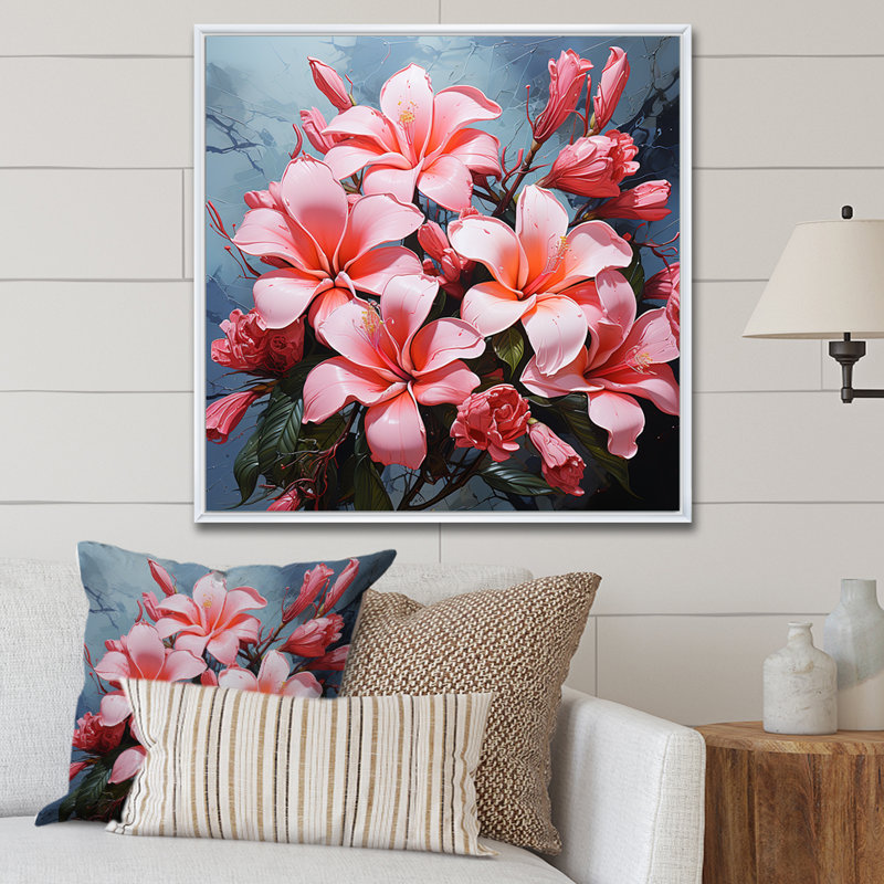 «Pink Fragrant Plumeria Serenade II», reproduction d'art sur toile, Cadre flottant blanc, H 30 po x l 30 po x P 1 po