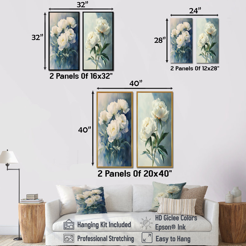 Pivoines aqua et ombres géométriques I - collection d'art mural floral 2 panneaux, H 28 po x l 25 po, Toile tendue