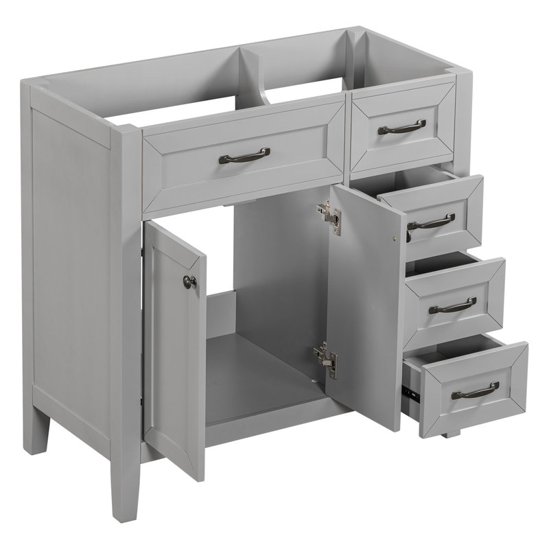 Base d'armoire de salle de bain grise de 36 po. Meuble-lavabo moderne avec espace de tiroir. Bois massif et autoportant. Assemblage requis