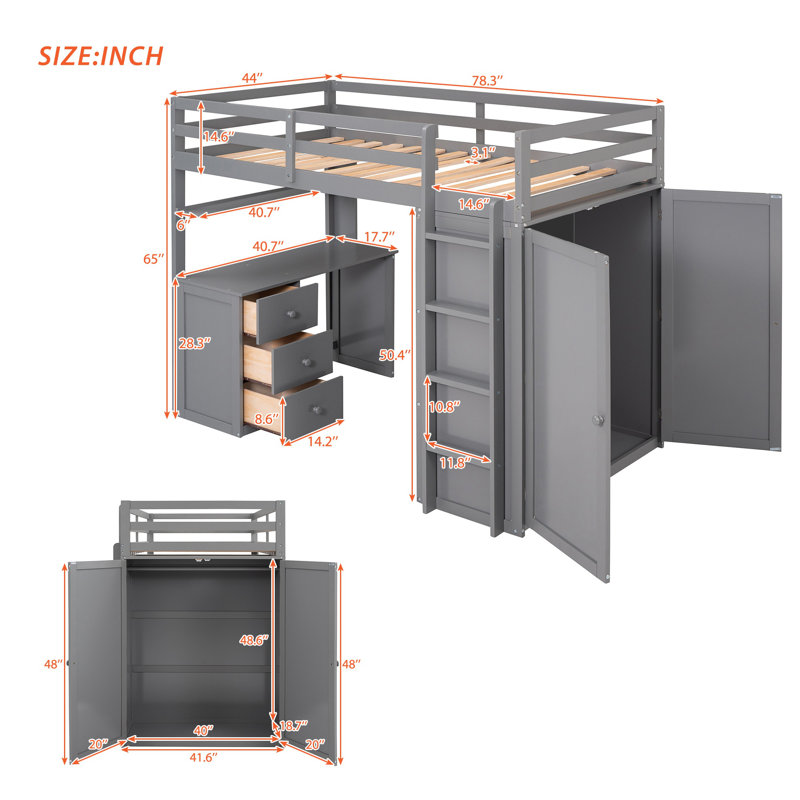 Lit mezzanine avec tiroirs de rangement, bureau et garde-robe - Conception compacte et peu encombrante, Gris, Lit simple