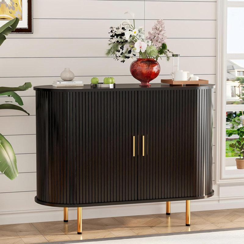 Storage Cabinet, Fluted Sideboard Buffet Cabinet With Tambour Sliding Doors& Adjustable Shelf, Accent Coffee Bar Console Table For Kitchen, Living Room, Entryway