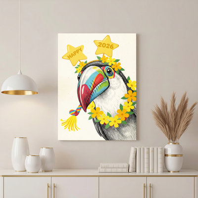 Toucan avec fleurs et étoiles «Happy 2026», reproduction d'art sur toile tendue sur toile, ensemble de 1