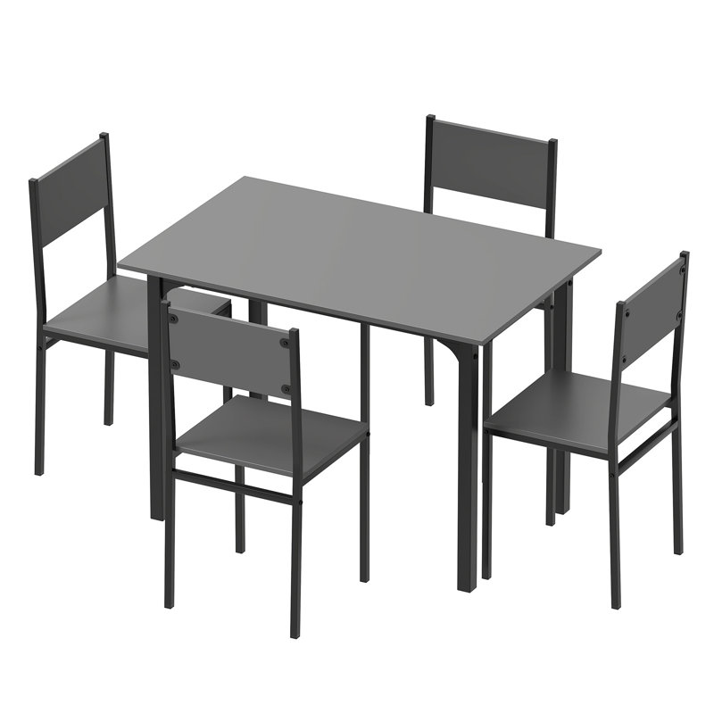 Ensemble de salle à manger 5 pièces pour 4 personnes, table et chaises de cuisine de style industriel avec structure métallique robuste, comprenant 1 table rectangulaire et 4 chaises à dossier haut.