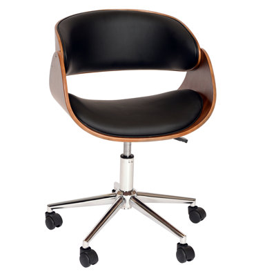 Olmstead Modern Office Chair in Black Faux Leather and Chrome Finish with Walnut Veneer Open Back