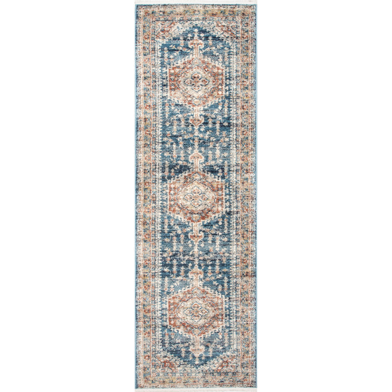 Mauna Oriental Medallion Loa Power Loom Performance Blue/Orange Rug, Runner 2'6" x 10'