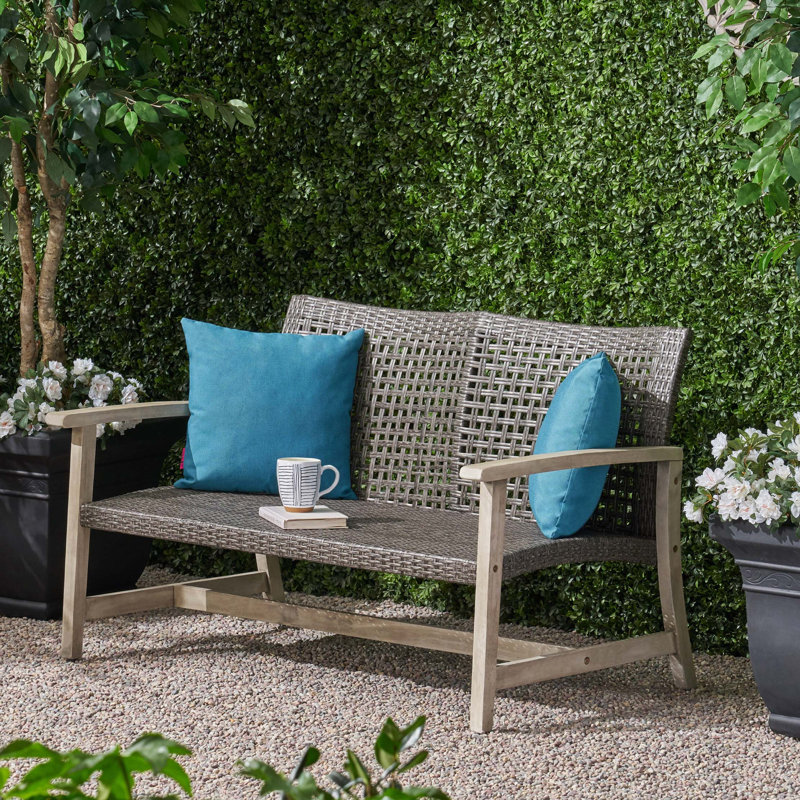 Hampton Outdoor Acacia Wood Wicker Loveseat sofa, Patio Furniture Conversation Set For Backyard