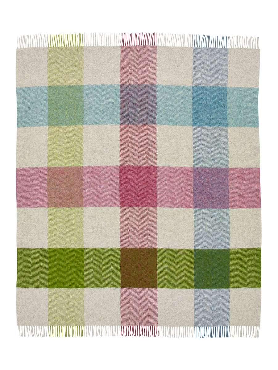 Shetland Wool Throw/Blankets Hand Woven Blanket, Blue/Green/Ivory/red Geometric