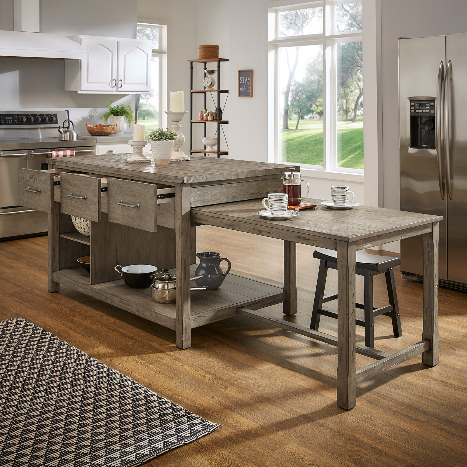 Tinka 3-Drawer Rectangle Pine Kitchen Island , Carbonized Pine, Gray